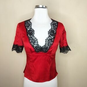 Moda International Red Silk Blouse Lace Trim Vampy Vixen Gothic